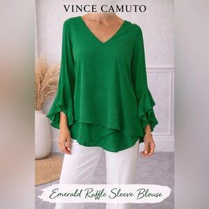 Vince Camuto Emerald Green V-Neck Ruffle Sleeve Blouse